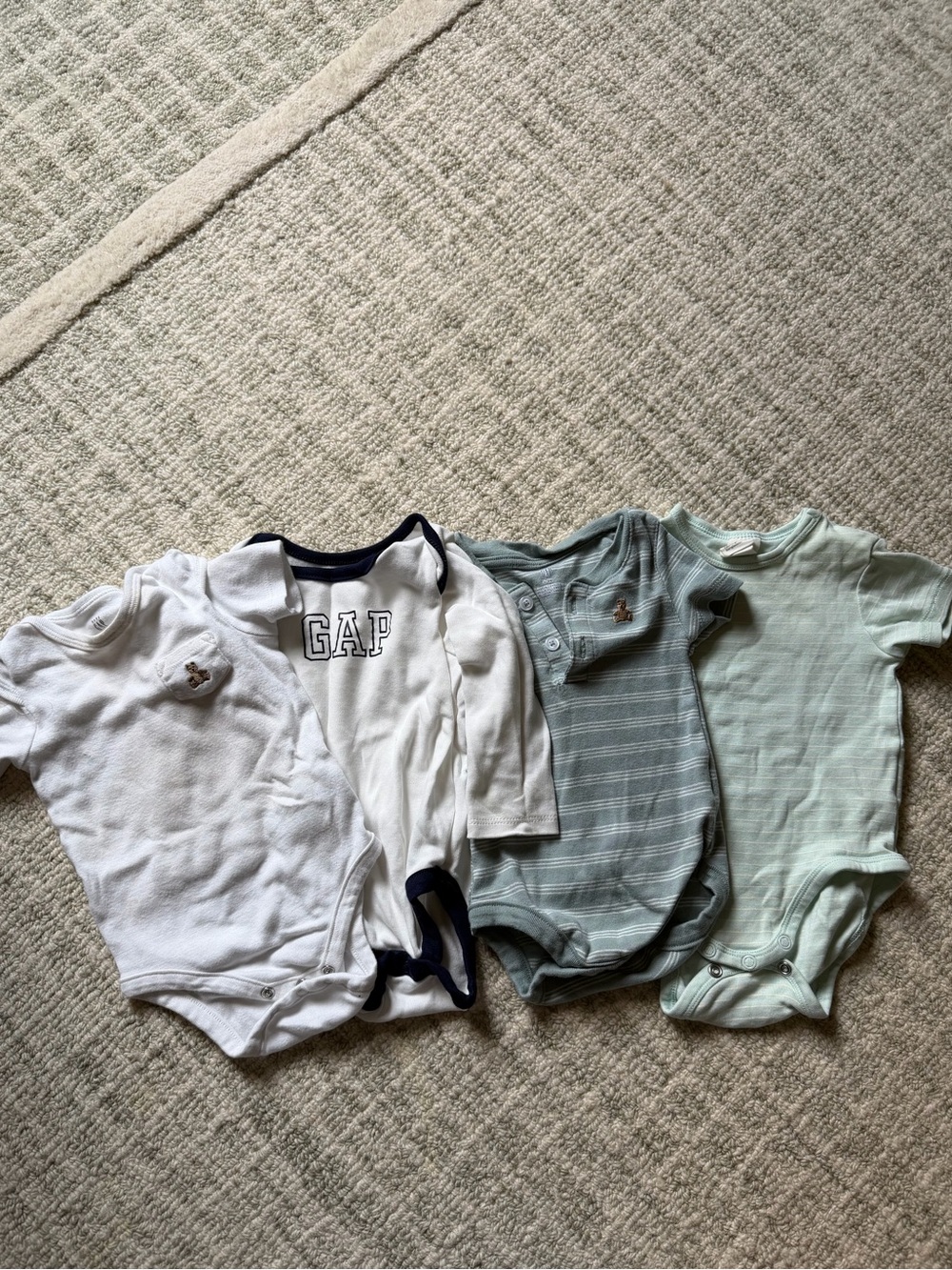 GAP, H&M & Old Navy Baby One-Piece Bodysuits in White, Navy, and Sage Green